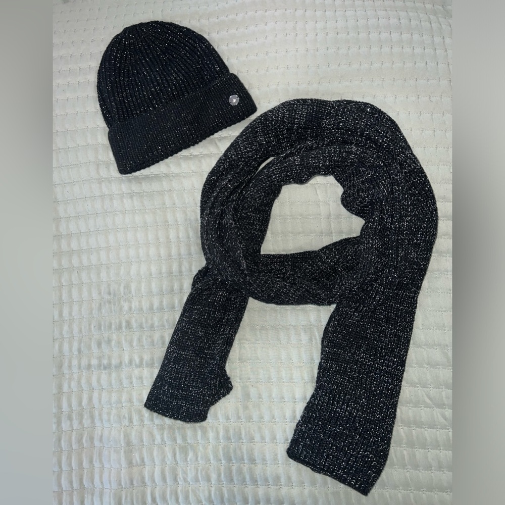 Black Scarf and Hat Set with White and Silver Glitter Accents- NWOT